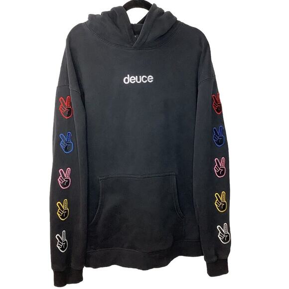 Deuce Hoodie Mens 2X Black Pullover Sweatshirt Hoodie Embroidered Sleeves - Picture 1 of 7